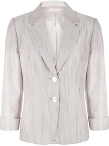 Women's Champagne Crinkle Jacket, Cream - pattern: plain; style: single breasted blazer; bust detail: added detail/embellishment at bust; collar: standard lapel/rever collar; predominant colour: stone; occasions: evening, work, occasion; length: standard; fit: tailored/fitted; fibres: polyester/polyamide - mix; waist detail: fitted waist; sleeve length: 3/4 length; sleeve style: standard; texture group: structured shiny - satin/tafetta/silk etc.; trends: metallics; collar break: medium; pattern type: fabric; pattern size: standard