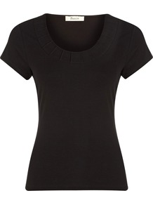 Women's Black Pintuck Detail Jersey Top, Black - neckline: round neck; pattern: plain; style: t-shirt; predominant colour: black; occasions: casual, work; length: standard; fibres: polyester/polyamide - stretch; fit: body skimming; sleeve length: short sleeve; sleeve style: standard; pattern type: fabric; pattern size: standard; texture group: jersey - stretchy/drapey