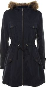 Women's Long Sleeve Hood Parka, Navy - pattern: plain; collar: funnel; fit: loose; style: parka; back detail: hood; length: mid thigh; predominant colour: navy; occasions: casual, work; fibres: polyester/polyamide - 100%; waist detail: belted waist/tie at waist/drawstring; sleeve length: long sleeve; sleeve style: standard; texture group: fur; collar break: high; pattern type: fabric; pattern size: standard