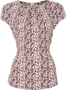 Lilly Peplum Top, Black Multi - sleeve style: capped; waist detail: fitted waist; occasions: casual, evening, work; length: standard; style: top; fibres: polyester/polyamide - 100%; fit: body skimming; neckline: crew; back detail: embellishment at back; predominant colour: multicoloured; sleeve length: short sleeve; texture group: jersey - clingy; pattern type: fabric; pattern size: standard; pattern: florals
