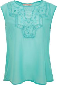 Women's Lace Embroidered Top, Green - neckline: round neck; pattern: plain; sleeve style: sleeveless; bust detail: added detail/embellishment at bust; back detail: low cut/open back, embellishment at back; predominant colour: turquoise; occasions: casual, evening, work, occasion; length: standard; style: top; fibres: polyester/polyamide - 100%; fit: body skimming; sleeve length: short sleeve; texture group: sheer fabrics/chiffon/organza etc.; pattern type: fabric; pattern size: small & light; embellishment: embroidered