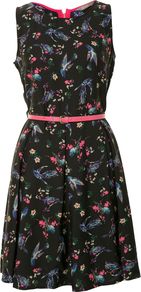 Women's Belted Skater Dress, Black - sleeve style: sleeveless; waist detail: belted waist/tie at waist/drawstring; predominant colour: black; occasions: casual, evening, occasion; length: just above the knee; fit: fitted at waist & bust; style: fit & flare; fibres: polyester/polyamide - 100%; neckline: crew; hip detail: structured pleats at hip; sleeve length: sleeveless; texture group: silky - light; trends: statement prints; pattern type: fabric; pattern size: small & busy; pattern: florals