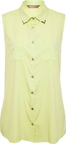 Women's Double Pocket Hi Low Blouse, Lime - neckline: shirt collar/peter pan/zip with opening; pattern: plain; sleeve style: sleeveless; style: shirt; bust detail: buttons at bust (in middle at breastbone)/zip detail at bust; predominant colour: primrose yellow; occasions: casual, evening, work, holiday; length: standard; fibres: polyester/polyamide - 100%; fit: tailored/fitted; back detail: longer hem at back than at front; sleeve length: sleeveless; texture group: silky - light; pattern type: fabric; pattern size: small & light
