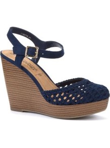 Navy Crochet Wood Effect Wedges - predominant colour: navy; occasions: casual, work, holiday; material: fabric; heel height: high; ankle detail: ankle strap; heel: wedge; toe: round toe; style: slingbacks; finish: plain; pattern: knit
