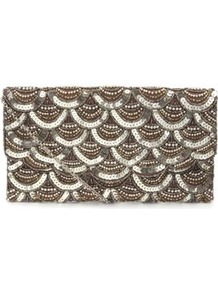 Gold Scallop Bead Clutch - predominant colour: gold; occasions: evening, occasion; type of pattern: standard; style: clutch; length: hand carry; size: small; material: satin; embellishment: beading; trends: metallics; finish: metallic; pattern: patterned/print
