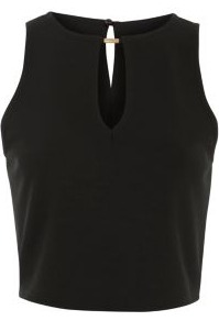 Black Gold Bar Cut Out Crop Top - neckline: slash/boat neckline; pattern: plain; sleeve style: sleeveless; length: cropped; predominant colour: black; occasions: casual, evening, work, holiday; style: top; fibres: polyester/polyamide - 100%; fit: tailored/fitted; back detail: keyhole/peephole detail at back; sleeve length: sleeveless; pattern type: fabric; texture group: jersey - stretchy/drapey