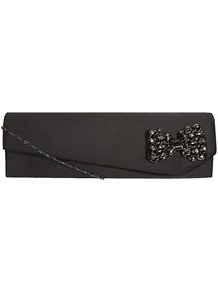 Black Beaded Bow Satin Bag - predominant colour: black; occasions: evening, occasion; style: clutch; length: hand carry; size: small; material: satin; pattern: plain; finish: plain; embellishment: bow