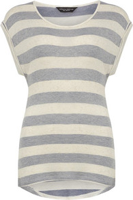 Navy/Ivory Stripe Tee - sleeve style: capped; pattern: horizontal stripes; waist detail: fitted waist; style: t-shirt; predominant colour: ivory; occasions: casual; length: standard; neckline: scoop; fibres: linen - mix; fit: body skimming; back detail: longer hem at back than at front; sleeve length: short sleeve; pattern type: fabric; pattern size: standard; texture group: jersey - stretchy/drapey
