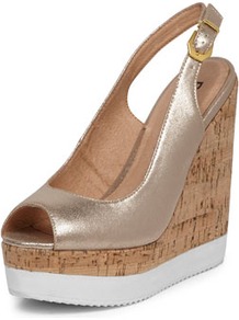 Gold Sling Back Peep Toe Wedge - predominant colour: gold; occasions: casual, evening, work, occasion, holiday; material: faux leather; heel height: high; embellishment: buckles; heel: wedge; toe: open toe/peeptoe; style: slingbacks; trends: metallics; finish: metallic; pattern: two-tone