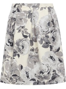 Floral Prom Skirt - style: full/prom skirt; fit: loose/voluminous; waist: mid/regular rise; predominant colour: light grey; occasions: casual, evening, work, holiday; length: just above the knee; fibres: cotton - 100%; hip detail: sculpting darts/pleats/seams at hip; waist detail: narrow waistband; texture group: cotton feel fabrics; trends: high impact florals; pattern type: fabric; pattern size: standard; pattern: florals