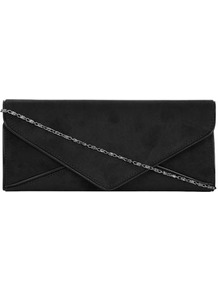 Black Envelope Clutch Bag - predominant colour: black; occasions: evening, occasion; style: clutch; length: hand carry; size: small; material: fabric; pattern: plain; finish: plain; embellishment: chain/metal