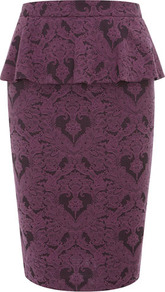 Jacquard Peplum Skirt - style: pencil; fit: tailored/fitted; waist: high rise; waist detail: peplum waist detail; predominant colour: purple; occasions: evening, work, occasion; length: just above the knee; fibres: cotton - mix; pattern type: fabric; pattern size: standard; pattern: patterned/print; texture group: jersey - stretchy/drapey