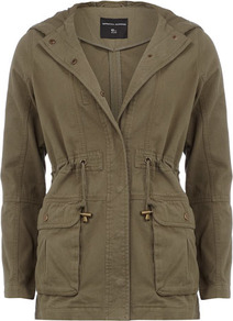 Khaki Hooded Parka - pattern: plain; length: below the bottom; style: parka; back detail: hood; fit: slim fit; predominant colour: khaki; occasions: casual; fibres: cotton - 100%; collar: shirt collar/peter pan/zip with opening; waist detail: belted waist/tie at waist/drawstring; sleeve length: long sleeve; sleeve style: standard; texture group: cotton feel fabrics; collar break: high/illusion of break when open; pattern type: fabric