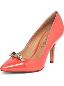 Coral Pointed Toe Court Shoe - predominant colour: coral; occasions: evening, work, occasion; material: faux leather; heel height: high; heel: stiletto; toe: pointed toe; style: courts; finish: patent; pattern: plain; embellishment: bow