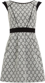 Bonded Lace Prom Dress - neckline: slash/boat neckline; sleeve style: capped; back detail: low cut/open back; predominant colour: light grey; occasions: evening, occasion, holiday; length: just above the knee; fit: fitted at waist & bust; style: fit & flare; fibres: polyester/polyamide - 100%; hip detail: sculpting darts/pleats/seams at hip; waist detail: narrow waistband; sleeve length: sleeveless; texture group: lace; pattern type: fabric; pattern size: standard; pattern: patterned/print