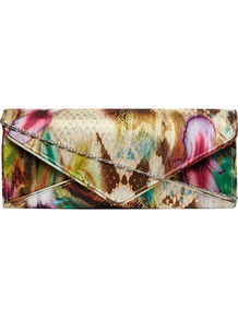Feather Print Envelope Clutch - occasions: evening, occasion; predominant colour: multicoloured; type of pattern: standard; style: clutch; length: hand carry; size: small; material: fabric; trends: statement prints; finish: plain; pattern: patterned/print
