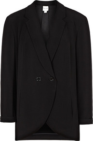 Marine Relaxed Flared Jacket - pattern: plain; length: below the bottom; style: double breasted; collar: standard lapel/rever collar; predominant colour: black; occasions: evening, work, occasion; fit: tailored/fitted; fibres: cotton - stretch; back detail: longer hem at back than at front; sleeve length: long sleeve; sleeve style: standard; texture group: crepes; collar break: medium; pattern type: fabric; pattern size: standard