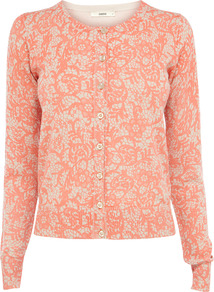 Lace Print Cardigan - neckline: round neck; predominant colour: coral; occasions: casual, work; length: standard; style: standard; fibres: cotton - 100%; fit: standard fit; sleeve length: long sleeve; sleeve style: standard; texture group: knits/crochet; trends: statement prints; pattern type: knitted - other; pattern size: standard; pattern: patterned/print