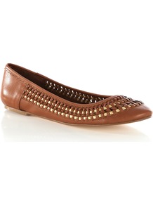 Weave Leather Ballerina - predominant colour: tan; occasions: casual, work, holiday; material: leather; heel height: flat; toe: round toe; style: ballerinas / pumps; finish: plain; pattern: plain