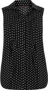 Spot Print Pintuck Shirt - neckline: shirt collar/peter pan/zip with opening; sleeve style: sleeveless; style: shirt; pattern: polka dot; bust detail: ruching/gathering/draping/layers/pintuck pleats at bust; predominant colour: black; occasions: casual, evening, work; length: standard; fibres: polyester/polyamide - 100%; fit: straight cut; sleeve length: sleeveless; pattern type: fabric; pattern size: small & light; texture group: jersey - stretchy/drapey