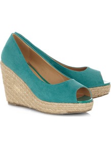 Turquoise High Espadrille Wedges - predominant colour: teal; occasions: casual, holiday; material: faux leather; heel height: high; heel: wedge; toe: open toe/peeptoe; style: standard; finish: plain; pattern: plain