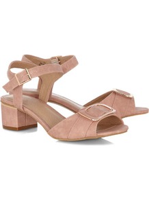 Pink Buckle Strap Block Heel Shoes - predominant colour: blush; occasions: casual, occasion, holiday; material: faux leather; heel height: mid; embellishment: buckles; ankle detail: ankle strap; heel: block; toe: open toe/peeptoe; style: standard; finish: plain; pattern: plain