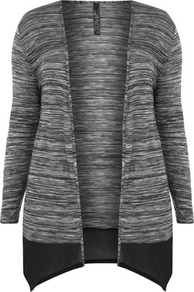 Grey Woven Hem Cardigan - pattern: plain; length: below the bottom; neckline: collarless open; style: open front; predominant colour: charcoal; occasions: casual, work; fibres: polyester/polyamide - mix; fit: loose; hip detail: contrast fabric/print detail at hip; sleeve length: long sleeve; sleeve style: standard; texture group: knits/crochet; pattern type: knitted - other; pattern size: standard