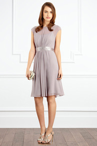 Lori Lee Short Dress - sleeve style: capped; pattern: plain; back detail: tie detail at back; waist detail: belted waist/tie at waist/drawstring; bust detail: ruching/gathering/draping/layers/pintuck pleats at bust; predominant colour: light grey; occasions: evening, occasion; length: just above the knee; fit: fitted at waist & bust; style: fit & flare; fibres: viscose/rayon - 100%; neckline: crew; hip detail: structured pleats at hip; sleeve length: short sleeve; texture group: sheer fabrics/chiffon/organza etc.; pattern type: fabric; embellishment: jewels