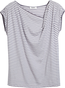 Striped Ruched Shoulder Jersey Top - neckline: cowl/draped neck; pattern: horizontal stripes; predominant colour: mid grey; occasions: casual, work, holiday; length: standard; style: top; fibres: cotton - 100%; fit: loose; shoulder detail: flat/draping pleats/ruching/gathering at shoulder; sleeve length: short sleeve; sleeve style: standard; pattern type: fabric; pattern size: standard; texture group: jersey - stretchy/drapey