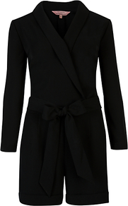 Wrap Front Playsuit - neckline: v-neck; fit: tailored/fitted; pattern: plain; waist detail: belted waist/tie at waist/drawstring; length: short shorts; predominant colour: black; occasions: evening, work, occasion; fibres: polyester/polyamide - 100%; jeans & bottoms detail: turn ups; sleeve length: long sleeve; sleeve style: standard; style: playsuit; pattern type: fabric; pattern size: standard; texture group: jersey - stretchy/drapey
