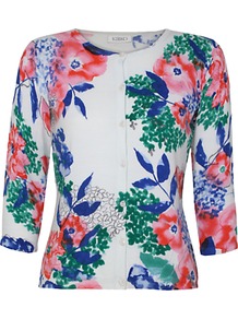 Lola Printed Cardigan - neckline: round neck; predominant colour: white; occasions: casual, evening, work; length: standard; style: standard; fibres: cotton - 100%; fit: slim fit; sleeve length: 3/4 length; sleeve style: standard; texture group: knits/crochet; trends: high impact florals; pattern type: knitted - other; pattern size: big & busy; pattern: florals