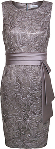 Lace Satin Dress - style: shift; neckline: round neck; sleeve style: sleeveless; waist detail: wide waistband/cummerbund; predominant colour: charcoal; occasions: evening, occasion; length: just above the knee; fit: body skimming; fibres: polyester/polyamide - stretch; hip detail: soft pleats at hip/draping at hip/flared at hip; sleeve length: sleeveless; texture group: lace; pattern type: fabric; pattern size: light/subtle; pattern: florals