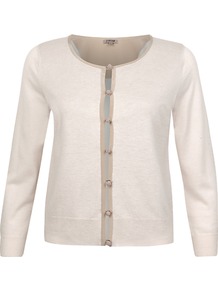 Silk Trim Cardigan - neckline: round neck; bust detail: buttons at bust (in middle at breastbone)/zip detail at bust; predominant colour: ivory; occasions: casual, work; length: standard; style: standard; fibres: wool - mix; fit: standard fit; sleeve length: long sleeve; sleeve style: standard; texture group: knits/crochet; pattern type: knitted - other; pattern size: standard