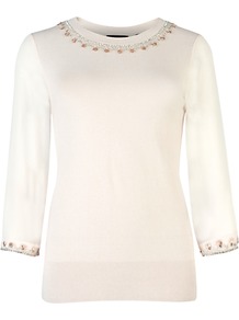 Mundia Embellished Jumper, Pale Pink - neckline: round neck; pattern: plain; bust detail: added detail/embellishment at bust; style: standard; hip detail: fitted at hip; shoulder detail: contrast pattern/fabric at shoulder; predominant colour: ivory; occasions: casual, evening, work; length: standard; fibres: cotton - mix; fit: standard fit; sleeve length: 3/4 length; sleeve style: standard; texture group: knits/crochet; pattern type: knitted - fine stitch; pattern size: small & light; embellishment: beading