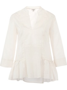 Peplum V Neck Blouse - pattern: plain; style: blouse; waist detail: peplum waist detail; predominant colour: white; occasions: casual, work; length: standard; neckline: mandarin with v-neck; fibres: cotton - 100%; fit: loose; sleeve length: 3/4 length; sleeve style: standard; texture group: cotton feel fabrics; pattern type: fabric