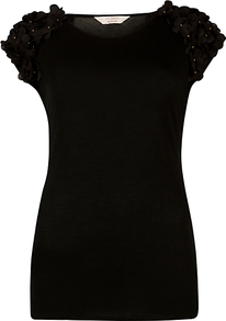 Flower Shoulder T Shirt, Black - sleeve style: capped; pattern: plain; style: t-shirt; predominant colour: black; occasions: casual, work; length: standard; fibres: viscose/rayon - 100%; fit: body skimming; neckline: crew; shoulder detail: added shoulder detail; sleeve length: short sleeve; texture group: jersey - clingy; pattern type: fabric; pattern size: small & light; embellishment: applique