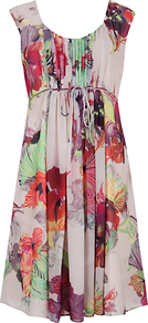 Amaran Treasure Orchid Dress, Pale Pink - style: empire line; length: mid thigh; sleeve style: capped; fit: empire; waist detail: belted waist/tie at waist/drawstring; bust detail: ruching/gathering/draping/layers/pintuck pleats at bust; predominant colour: lilac; occasions: casual, holiday; neckline: scoop; fibres: polyester/polyamide - 100%; hip detail: soft pleats at hip/draping at hip/flared at hip; sleeve length: sleeveless; texture group: sheer fabrics/chiffon/organza etc.; pattern type: fabric; pattern size: standard; pattern: florals