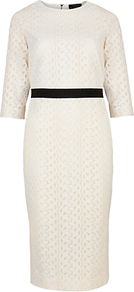 Haraa Heavy Lace Midi Dress, Ecru - style: shift; neckline: round neck; fit: tailored/fitted; pattern: plain; predominant colour: ivory; occasions: evening, work, occasion; length: on the knee; fibres: cotton - 100%; waist detail: narrow waistband; sleeve length: half sleeve; sleeve style: standard; texture group: lace; trends: glamorous day shifts; pattern type: fabric; pattern size: standard