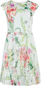 Perlaa Wallpaper Pleated Dress, Mint - style: a-line; neckline: round neck; sleeve style: capped; waist detail: belted waist/tie at waist/drawstring; bust detail: ruching/gathering/draping/layers/pintuck pleats at bust; occasions: casual, evening, work, occasion; length: just above the knee; fit: fitted at waist & bust; fibres: polyester/polyamide - 100%; hip detail: structured pleats at hip; predominant colour: multicoloured; sleeve length: short sleeve; texture group: sheer fabrics/chiffon/organza etc.; trends: high impact florals; pattern type: fabric; pattern size: big & light; pattern: florals