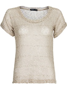 Glitter Knitted T Shirt - neckline: round neck; pattern: horizontal stripes; style: t-shirt; predominant colour: champagne; occasions: casual, evening, work; length: standard; fibres: polyester/polyamide - 100%; fit: body skimming; sleeve length: short sleeve; sleeve style: standard; texture group: knits/crochet; pattern type: knitted - fine stitch; pattern size: standard