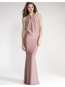 Honor Gold Chunky Chain Halter Dress - pattern: plain; sleeve style: sleeveless; style: blouson; waist detail: fitted waist; neckline: halter neck; back detail: low cut/open back; predominant colour: blush; occasions: evening, occasion; length: floor length; fit: body skimming; fibres: polyester/polyamide - stretch; sleeve length: sleeveless; bust detail: tiers/frills/bulky drapes/pleats; pattern type: fabric; pattern size: standard; texture group: jersey - stretchy/drapey
