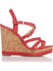 Nahoon Nubuck Strappy Wedge Red Currant - predominant colour: true red; occasions: casual, occasion, holiday; material: suede; heel height: high; embellishment: buckles; heel: wedge; toe: open toe/peeptoe; style: strappy; finish: plain; pattern: plain