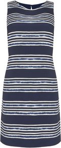 Adria Silk Stripe Print Shift Dress Blue - style: shift; length: mid thigh; neckline: round neck; pattern: horizontal stripes; sleeve style: sleeveless; predominant colour: navy; occasions: casual, evening, occasion; fit: body skimming; fibres: silk - 100%; sleeve length: sleeveless; texture group: silky - light; pattern type: fabric; pattern size: standard