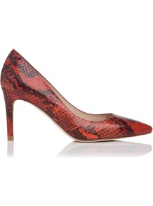 Florete Printed Leather Court Shoe Red Berry - predominant colour: true red; occasions: evening, work, occasion; material: leather; heel height: high; heel: stiletto; toe: pointed toe; style: courts; finish: plain; pattern: animal print