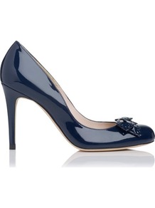 Shell Patent Leather Bow Detail Court Shoe Blue Navy - predominant colour: navy; occasions: evening, work, occasion; material: leather; heel height: high; heel: stiletto; toe: round toe; style: courts; finish: patent; pattern: plain; embellishment: bow