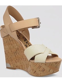 Platform Wedge Sandals Sasha - predominant colour: stone; occasions: casual, evening, holiday; material: leather; heel height: high; embellishment: buckles; ankle detail: ankle strap; heel: wedge; toe: open toe/peeptoe; style: strappy; finish: plain; pattern: plain