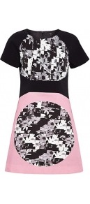 Cotton Stretch Panelled Printed Shift Dress - style: shift; length: mid thigh; sleeve style: raglan; back detail: contrast pattern/fabric at back; predominant colour: black; occasions: casual, evening, occasion; fit: soft a-line; fibres: cotton - stretch; neckline: crew; sleeve length: short sleeve; trends: modern geometrics; pattern type: fabric; pattern size: big & busy; pattern: patterned/print; texture group: jersey - stretchy/drapey