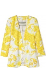Anaise Cotton Printed Jacket - style: single breasted blazer; collar: shawl/waterfall; predominant colour: yellow; occasions: casual, evening, work, holiday; length: standard; fit: tailored/fitted; fibres: cotton - 100%; sleeve length: 3/4 length; sleeve style: standard; collar break: low/open; pattern type: fabric; pattern size: big & busy; pattern: patterned/print; texture group: woven light midweight