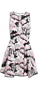 Isosceles Silk Linen Geometric Print Dress - length: mid thigh; sleeve style: sleeveless; waist detail: fitted waist; predominant colour: light grey; occasions: evening, occasion; fit: fitted at waist & bust; style: fit & flare; fibres: silk - mix; neckline: crew; hip detail: soft pleats at hip/draping at hip/flared at hip; sleeve length: sleeveless; texture group: silky - light; trends: modern geometrics; pattern type: fabric; pattern size: big & busy; pattern: patterned/print