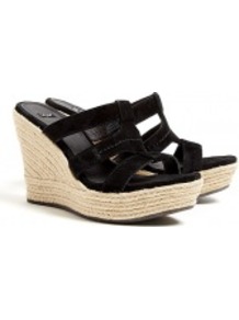 Black Tawnie Raffia Wedge Sandals - predominant colour: black; occasions: casual, holiday; material: suede; heel height: high; heel: wedge; toe: open toe/peeptoe; style: strappy; finish: plain; pattern: plain